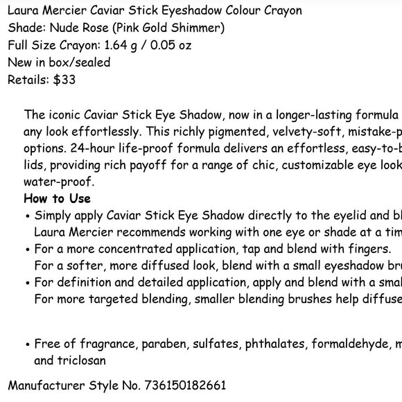 Laura Mercier Caviar Stick Eyeshadow Crayon*~Nude Rose (Pink Shimmer) 1.64g NIB - Picture 9 of 11